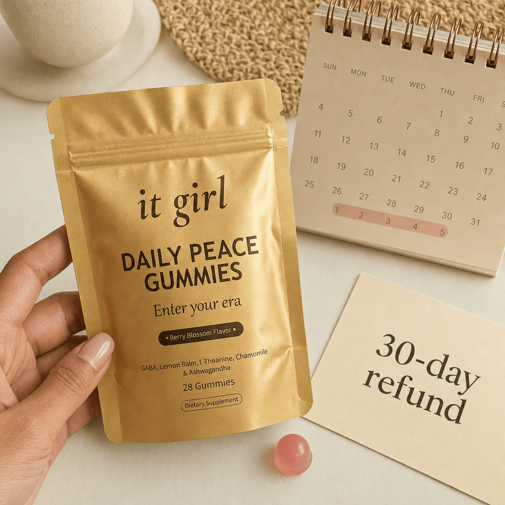 Daily Peace pouch beside a month calendar and a 30-day refund card on a cream surface, a full month to feel it risk-free