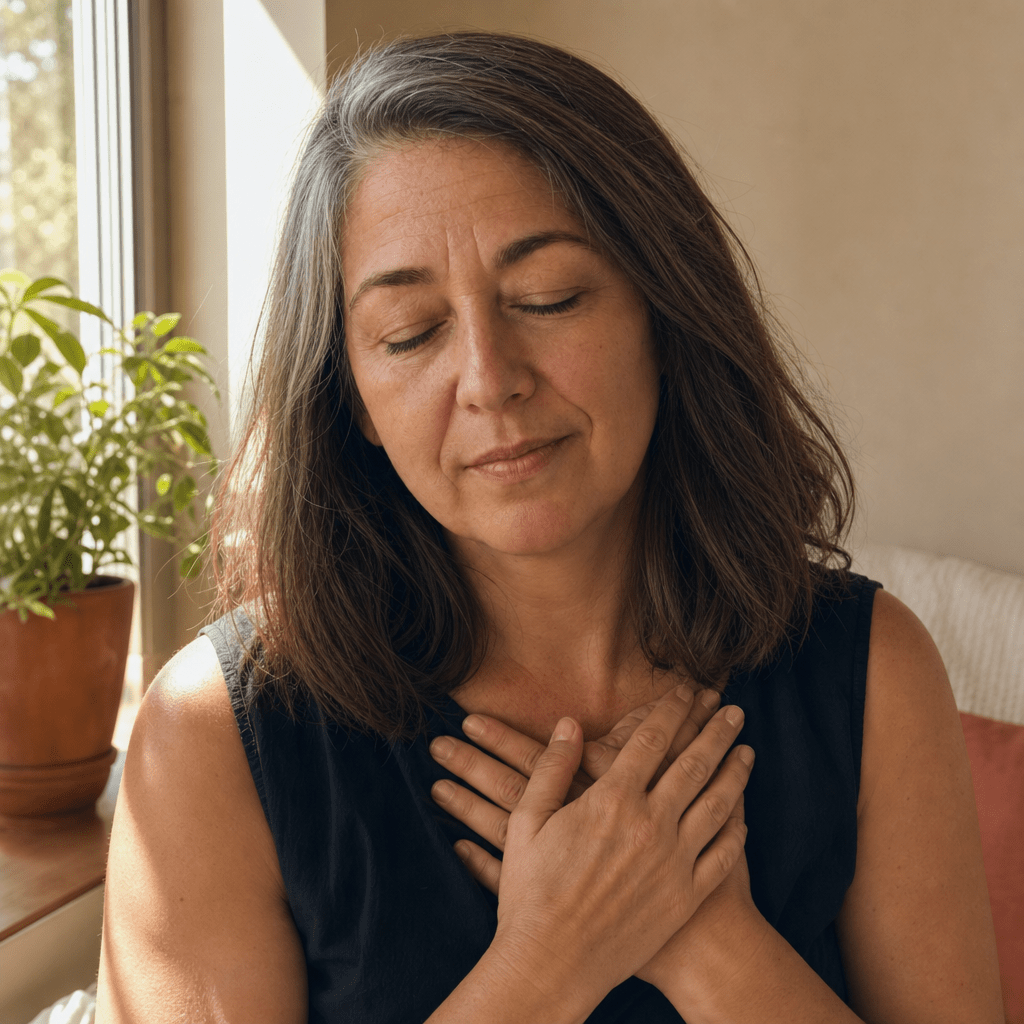 Woman in her fifties in a quiet moment of self-forgiveness, both hands resting over her own heart in soft warm morning light, the years of self-blame lifting, she stopped blaming herself