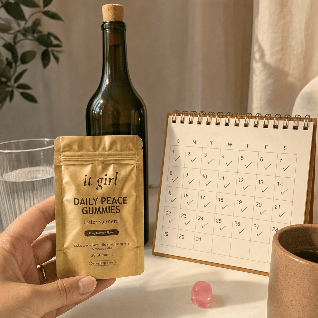 The palm-sized It Girl Daily Peace pouch and a month calendar beside a single bottle of wine, showing a whole month of calm costs less than one bottle.