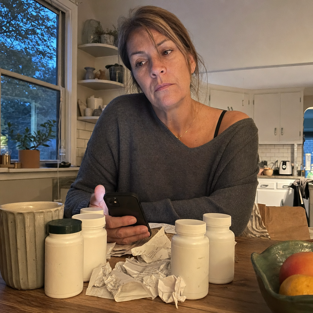Real photo of a tired woman in her late forties at her kitchen table at dusk, a small pile of crumpled stress-supplement receipts and three or four nearly empty generic supplement bottles in front of her, holding her phone, soft warm window light