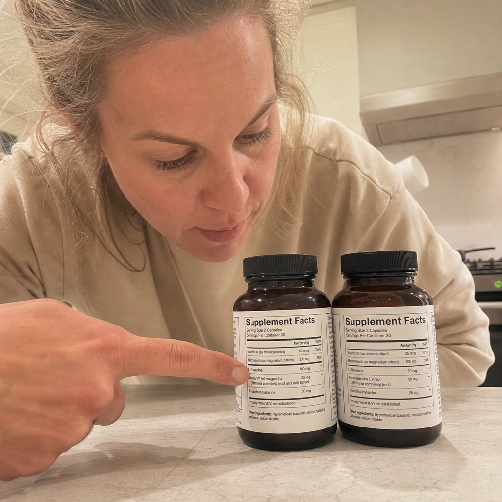Real photo of two real stress-supplement bottles standing side by side on a bench, their Supplement Facts panels facing the camera, one showing a low milligram figure, a hand pointing to the small dose, no It Girl product
