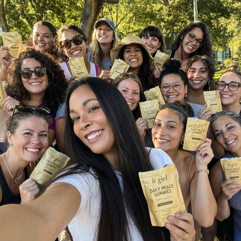 Real group selfie of more than a dozen happy women of different ages crowded together outdoors in warm light, several holding up soft-gold It Girl Daily Peace pouches that are all torn open at the top, candid celebratory community photo