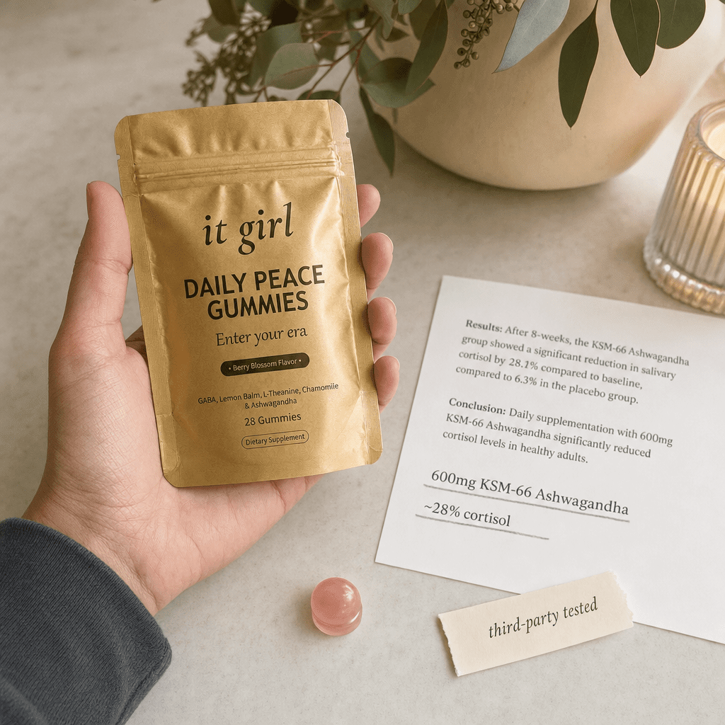 A woman's hand holding the small palm-sized gold It Girl Daily Peace pouch front-label-facing on a cream counter beside a printed research page with the 600mg KSM-66 line and a 28 percent cortisol figure underlined and a pink gummy nearby