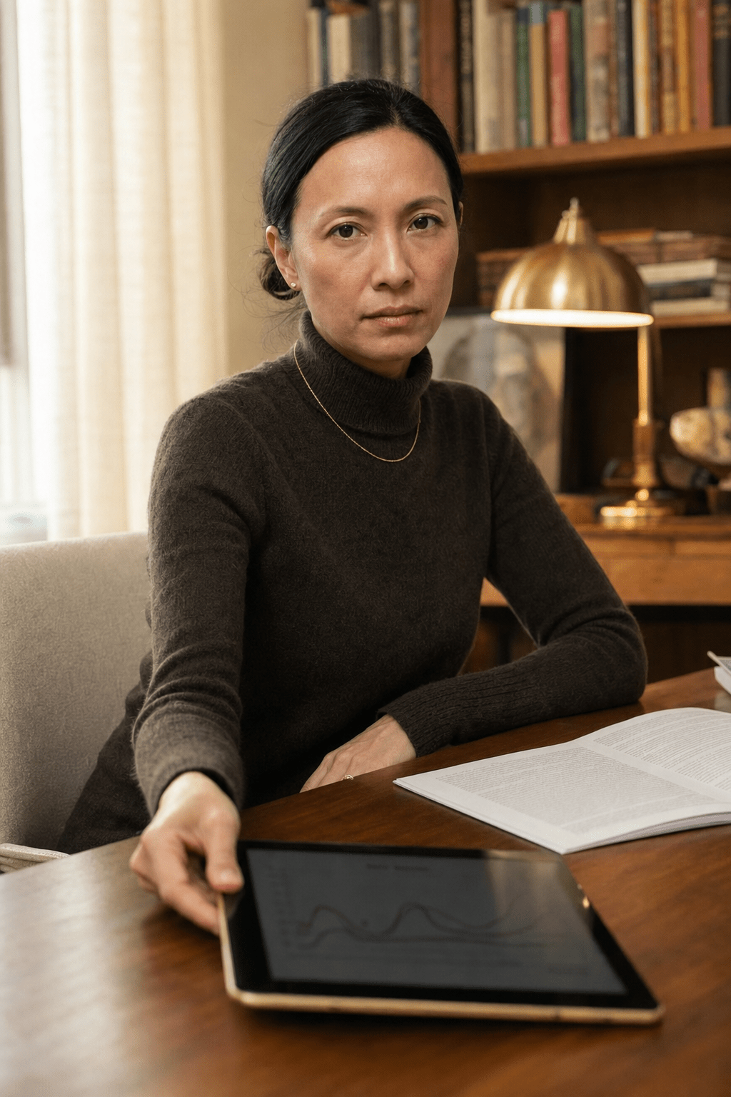 Dr. Sofia Marks at her warm office desk setting the iPad down after the explanation and looking up at the reader with a calm reassuring expression, the private doctor at the settled close of the conversation