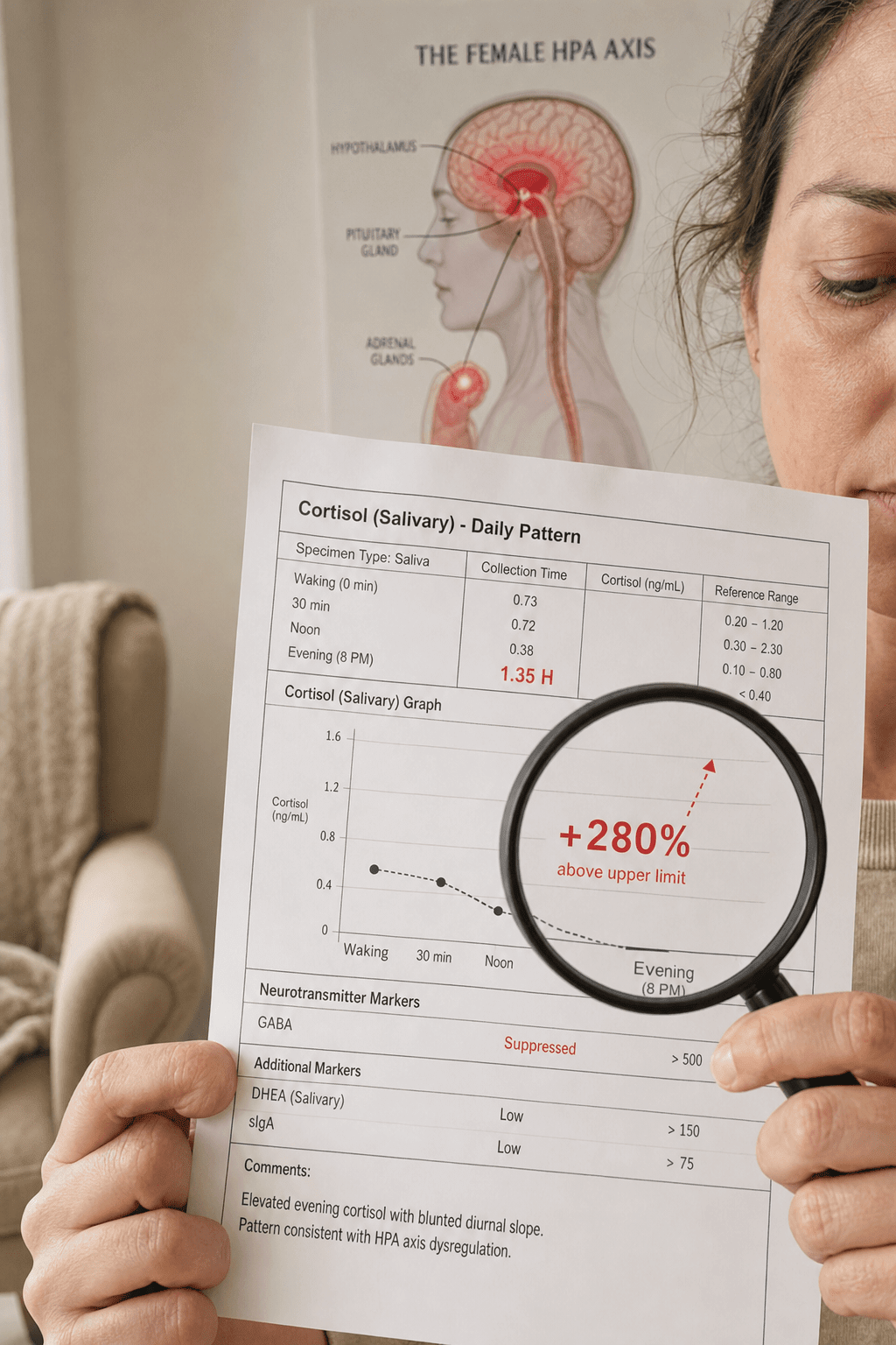 Printed lab report under a magnifier showing a 280 percent evening cortisol curve and suppressed GABA being read as the verdict, a smaller red HPA axis illustration behind it and a faded therapist chair receded to the margin, the bloodwork that contradicted the advice