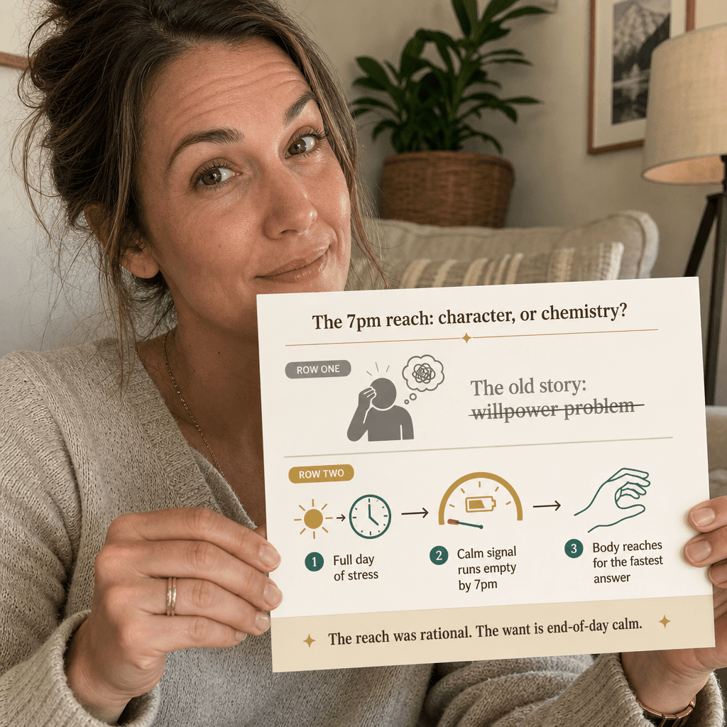 Brand-palette infographic card contrasting the old willpower story with the real chemistry pathway, full day of stress to calm signal running empty by 7pm to the body reaching for the fastest answer, showing the 7pm reach was rational not weakness