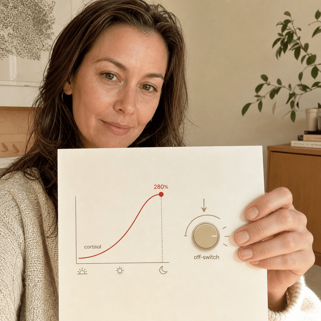 Editorial diagram of the evening cortisol-to-GABA pathway, an off-switch dimming as cortisol climbs to a 280 percent peak by 7pm, the mechanism the bloodwork mapped