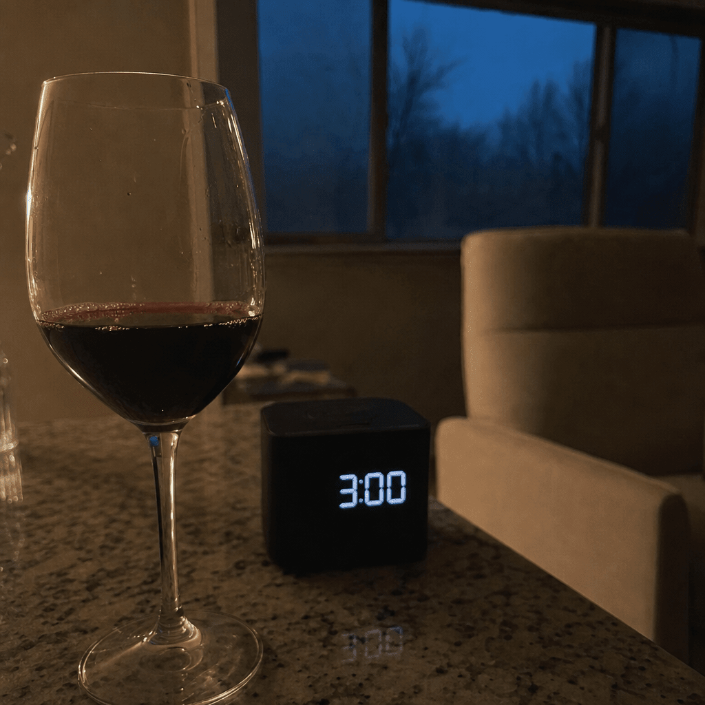 A glass of red wine beside a clock reading 3am and a faded therapist chair, the relief that arrives at 7pm and the rebound that arrives by 3am