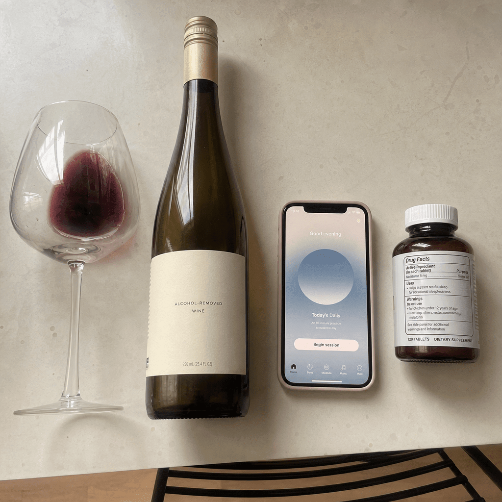 Comparison still of the real evening wind-down options women try, a wine glass, a de-alcoholized wine bottle, a meditation app on a phone, an amber melatonin bottle, each falling short of the calm signal