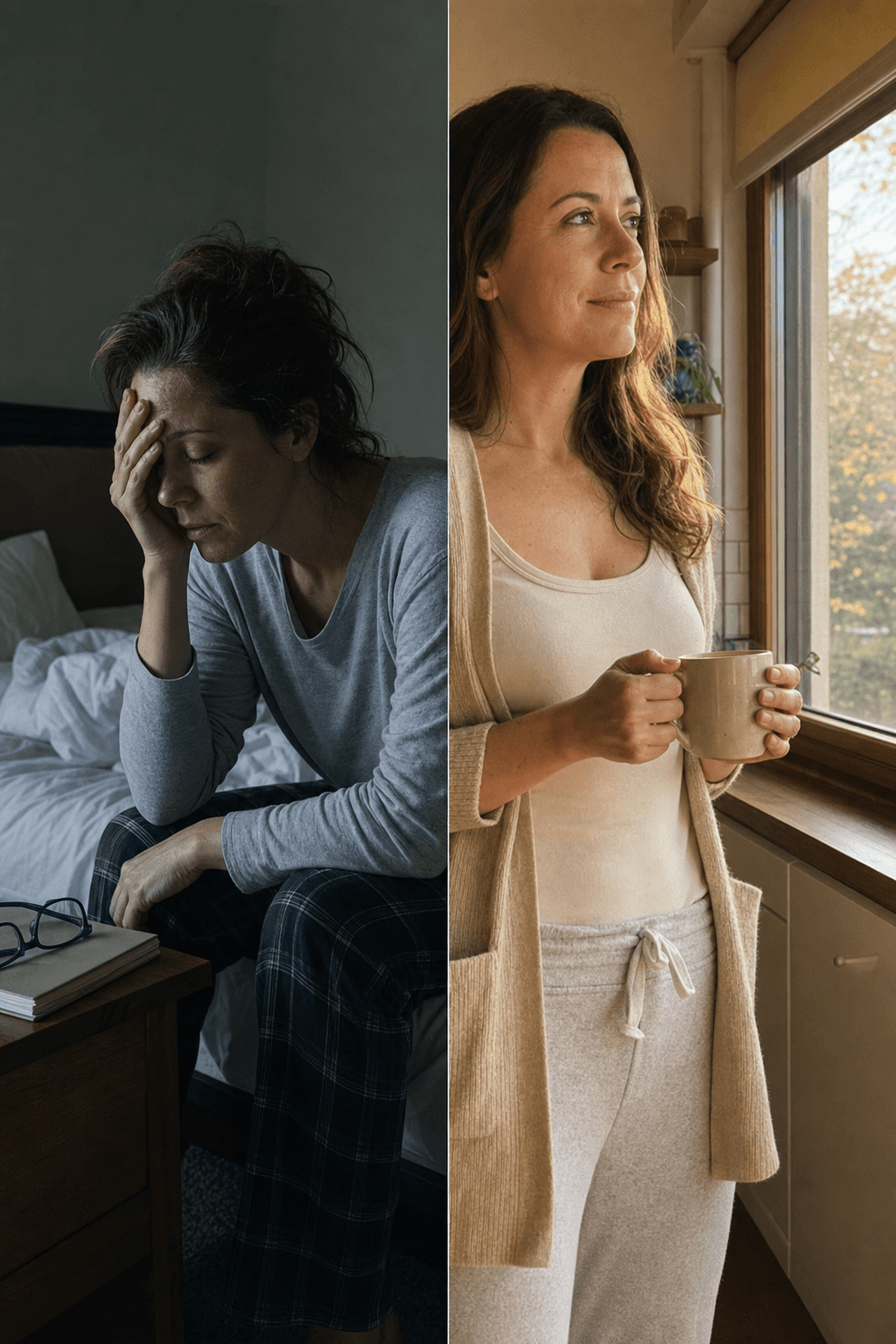 Before and after of the same woman 32 to 45, left tense and depleted awake at 2:47 AM on the edge of the bed, right calm and relieved at a sunlit kitchen window, the morning she learned the stress was never her mindset