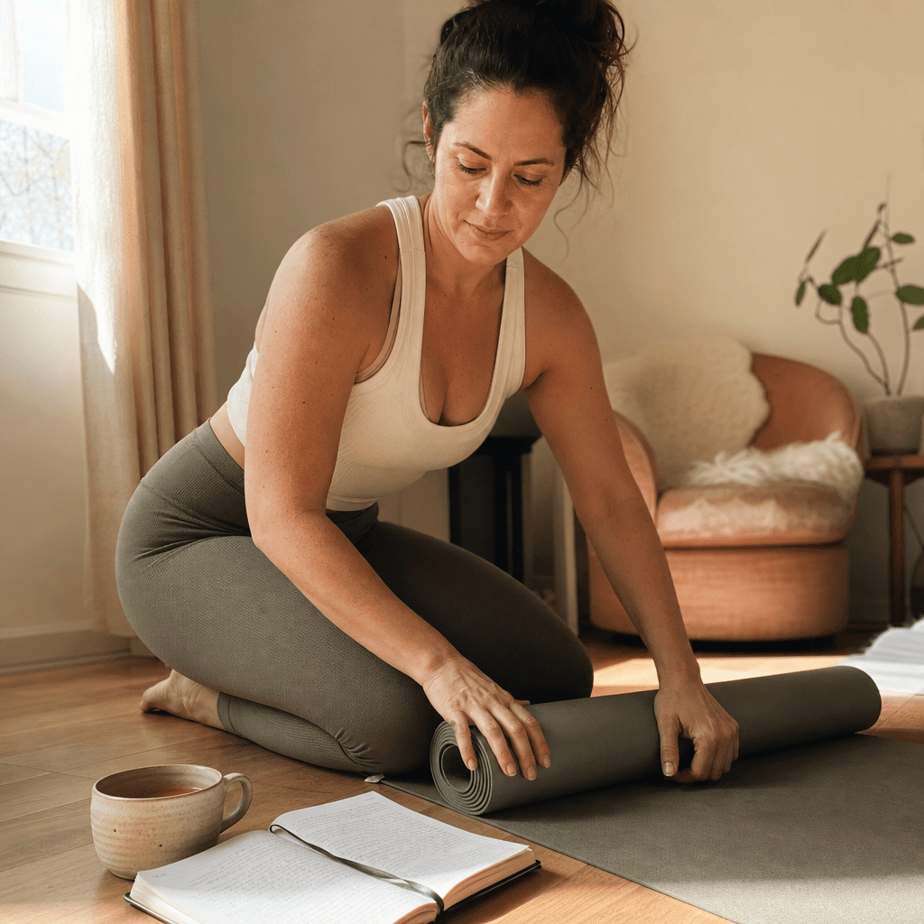 Woman 32 to 45 mid-morning on her yoga mat folding it up, journal and tea beside her, doing every right thing and still carrying the tension