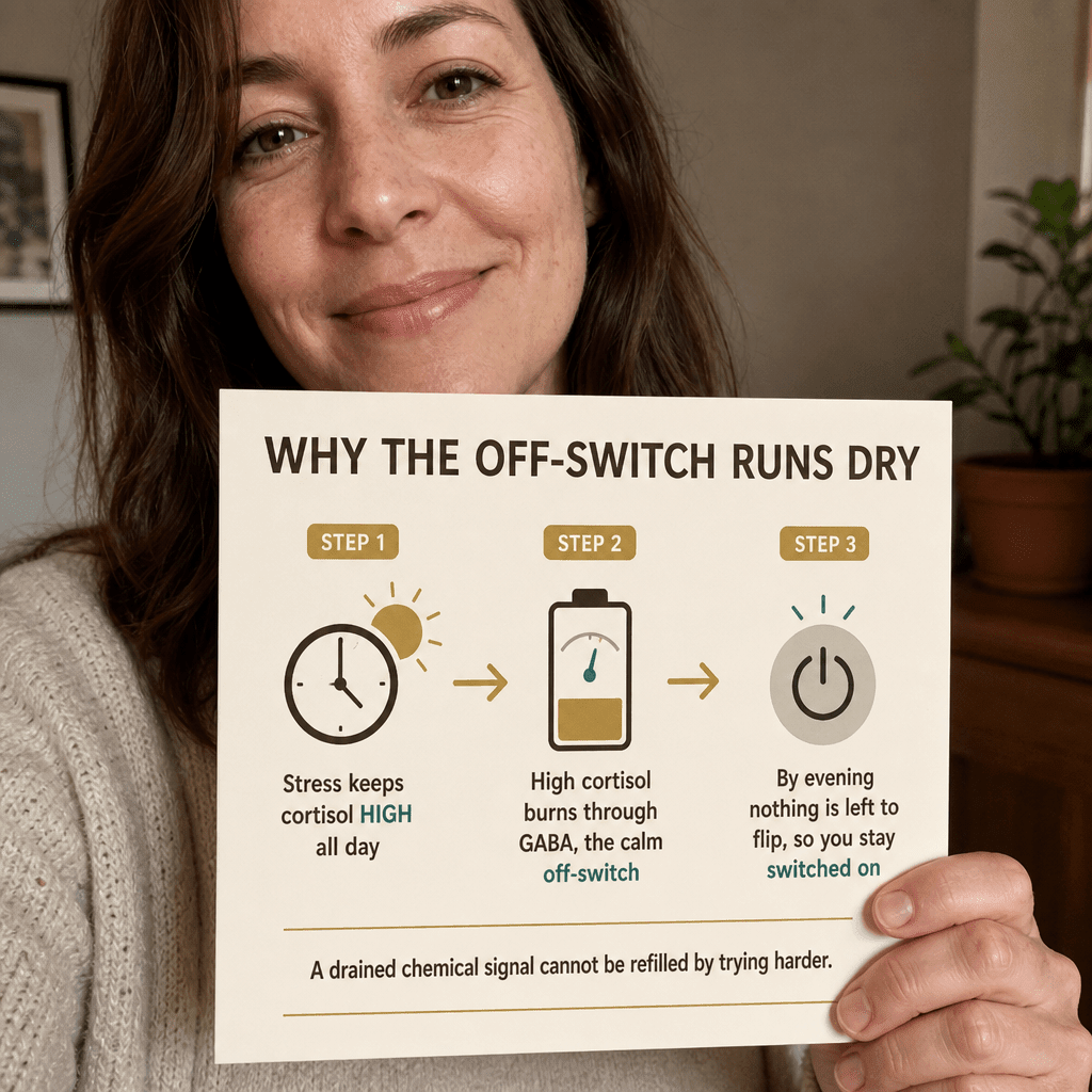 Infographic diagram on a cream card showing the three-step mechanism, stress keeps cortisol high, high cortisol burns through GABA the calm off-switch, by evening nothing is left to flip