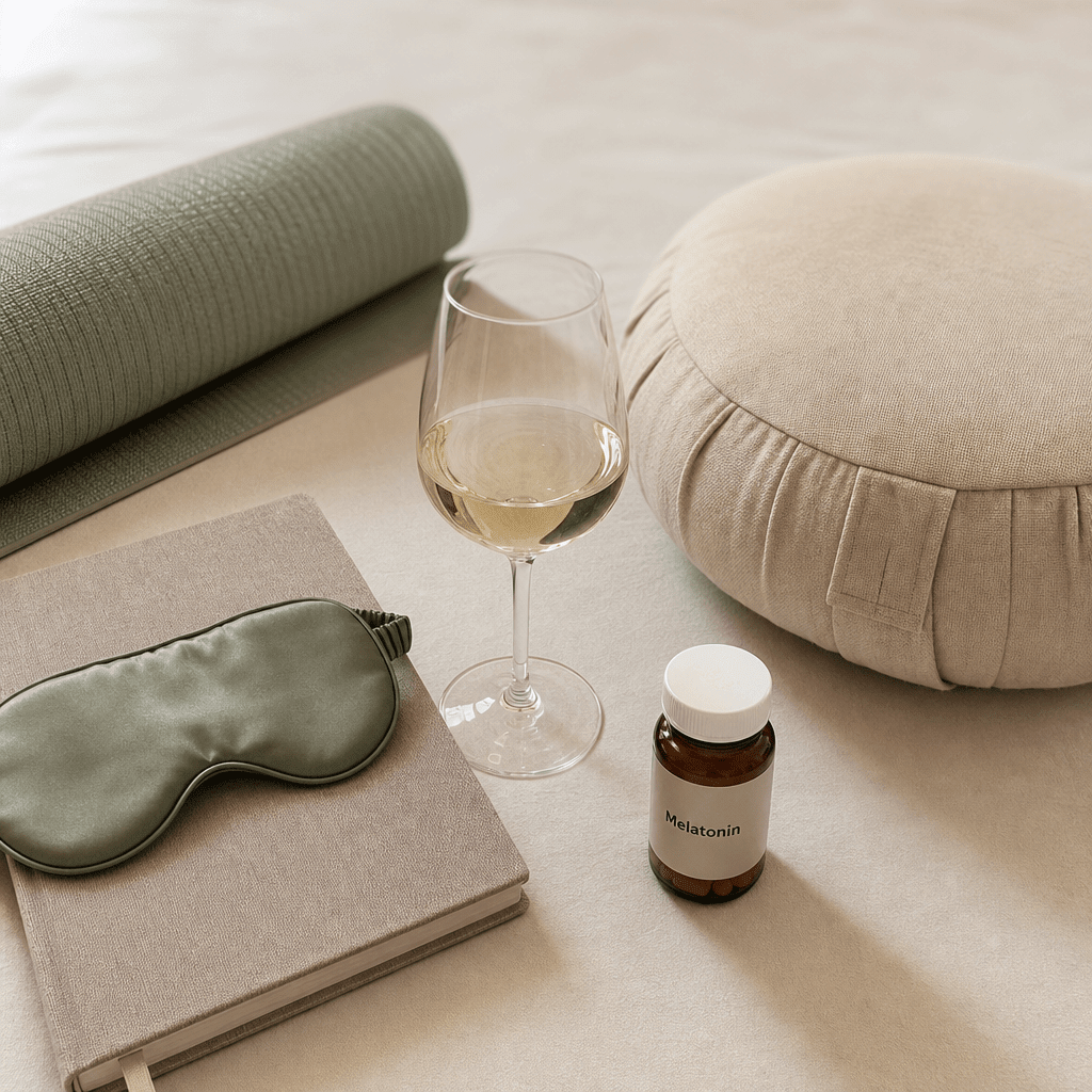 Warm flat-lay of a rolled yoga mat, a meditation cushion, a glass of wine, and an amber over-the-counter melatonin sleep-aid bottle set slightly apart, the usual fixes aimed at the wrong layer