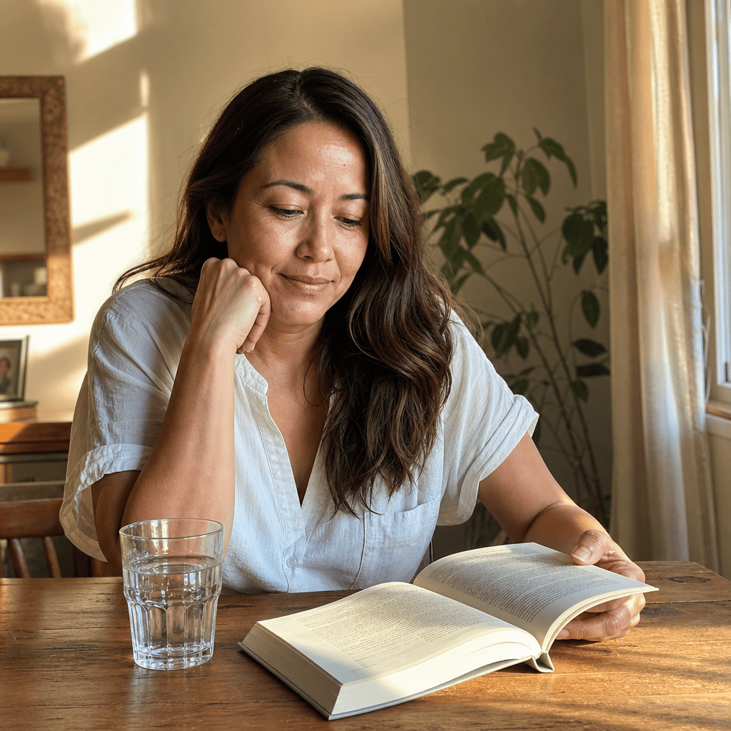 Woman 35 to 45 calm and clear-eyed reading at a sunlit table with a glass of water, steady not sedated, fully herself in the evening