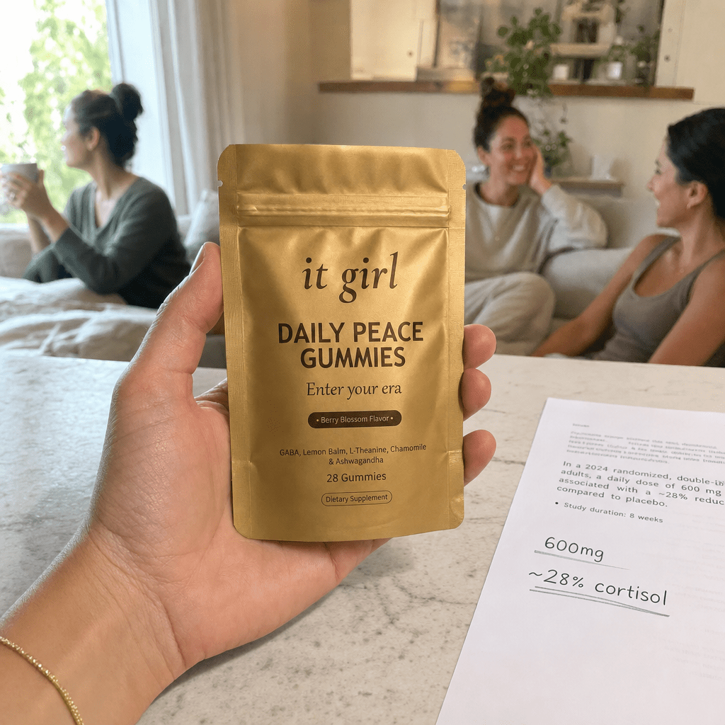 A woman's hand holding the small palm-sized gold It Girl Daily Peace pouch front-label-facing on a cream counter beside a printed study page with the 600mg line and a 28 percent cortisol figure underlined, with calm real women in their evenings behind it, the dose that clears the bar