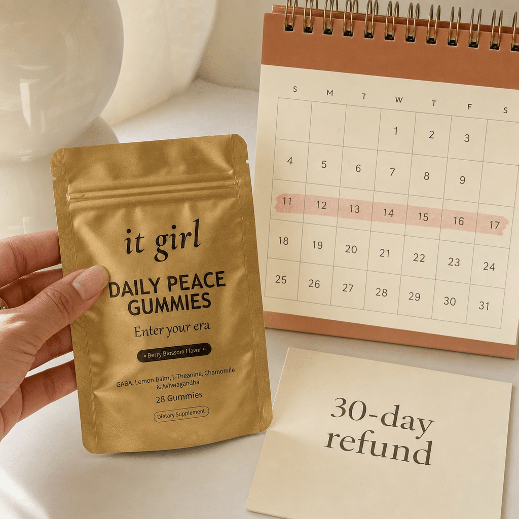 Gold Daily Peace pouch beside a desk calendar with a month marked and a cream 30-day refund card, a full month to feel it risk-free