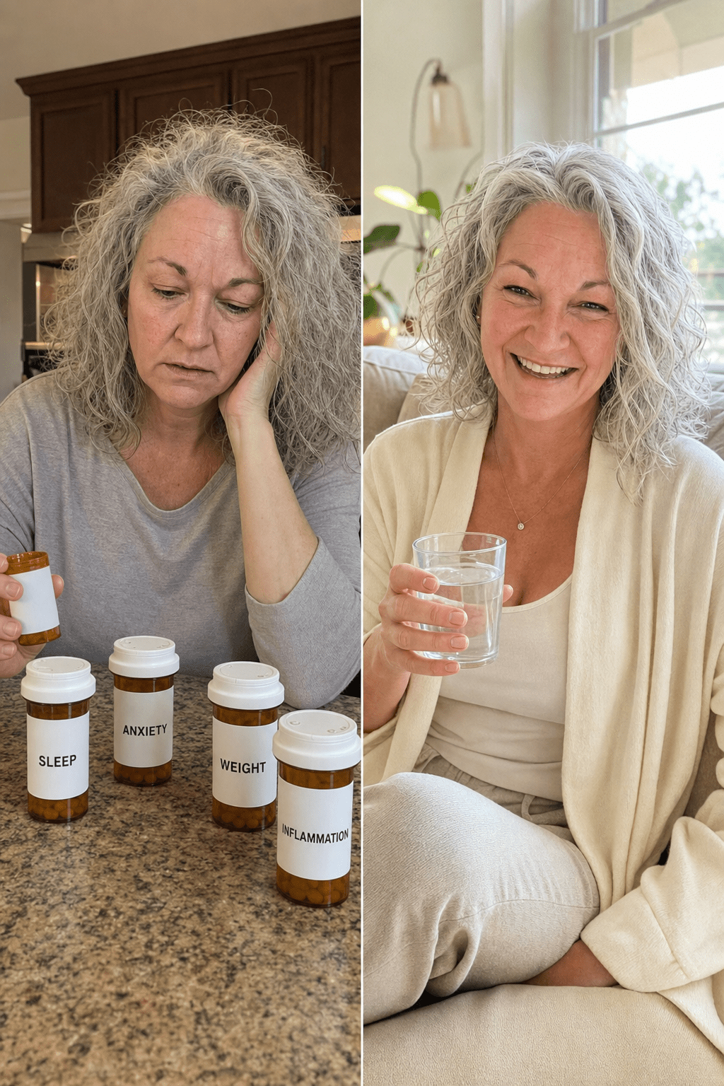 Before and after of a working mother in her early forties, left side overwhelmed and surrounded by five unbranded amber prescription bottles labeled sleep, anxiety, weight, hormone, inflammation, right side the same woman transformed and done up with light natural makeup, neatly styled hair and a fresh put-together outfit, calm and glowing in a bright airy living room by a sunny window, the bottles gone, no product shown