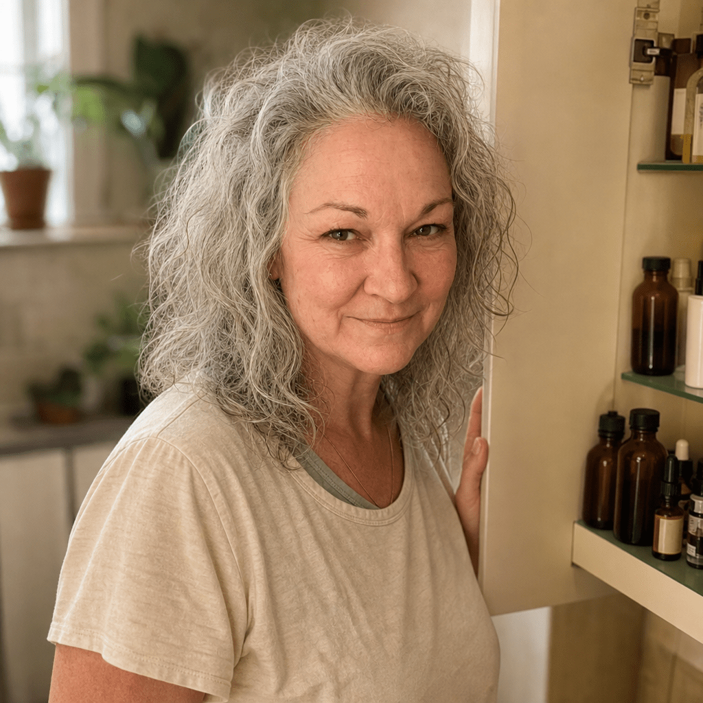 Working mother in her early forties standing at an open medicine cabinet of amber bottles, tired but clear-eyed, the moment she stops blaming herself