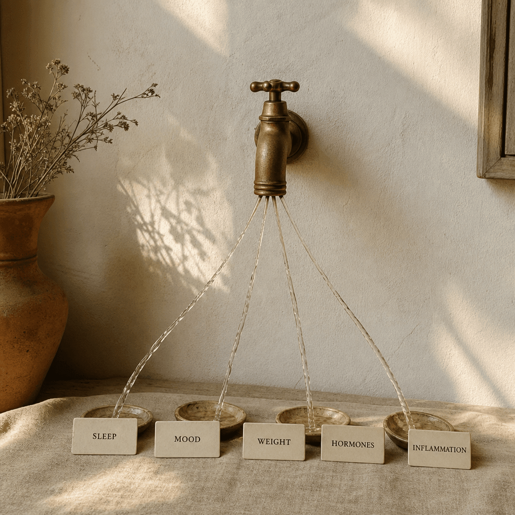 Warm conceptual still of a single faucet upstream feeding five small streams labeled sleep, mood, weight, hormones, inflammation, one root behind the cluster, no product