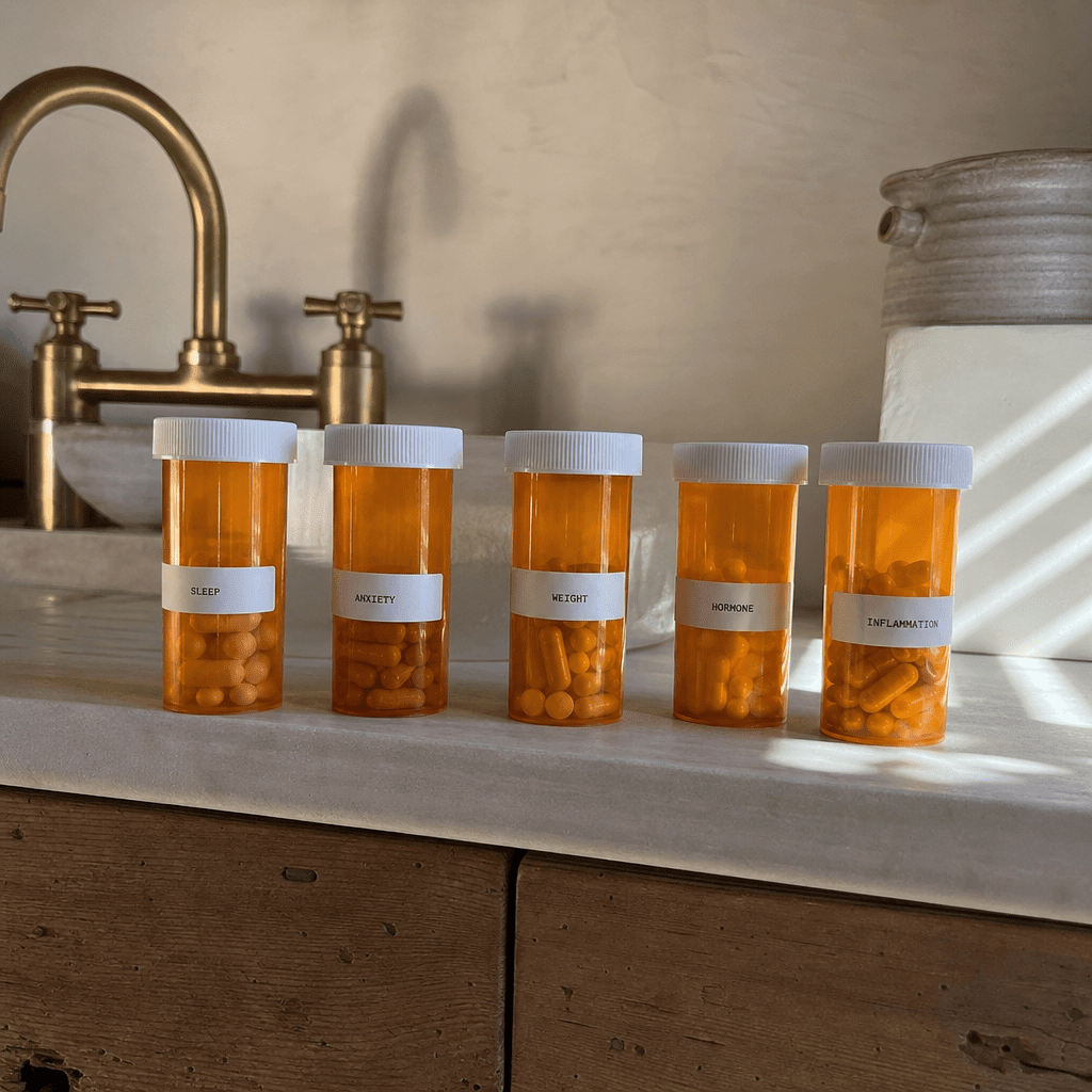 Five amber prescription bottles lined up on a cream counter, each a separate lane, the faucet upstream untouched, no product