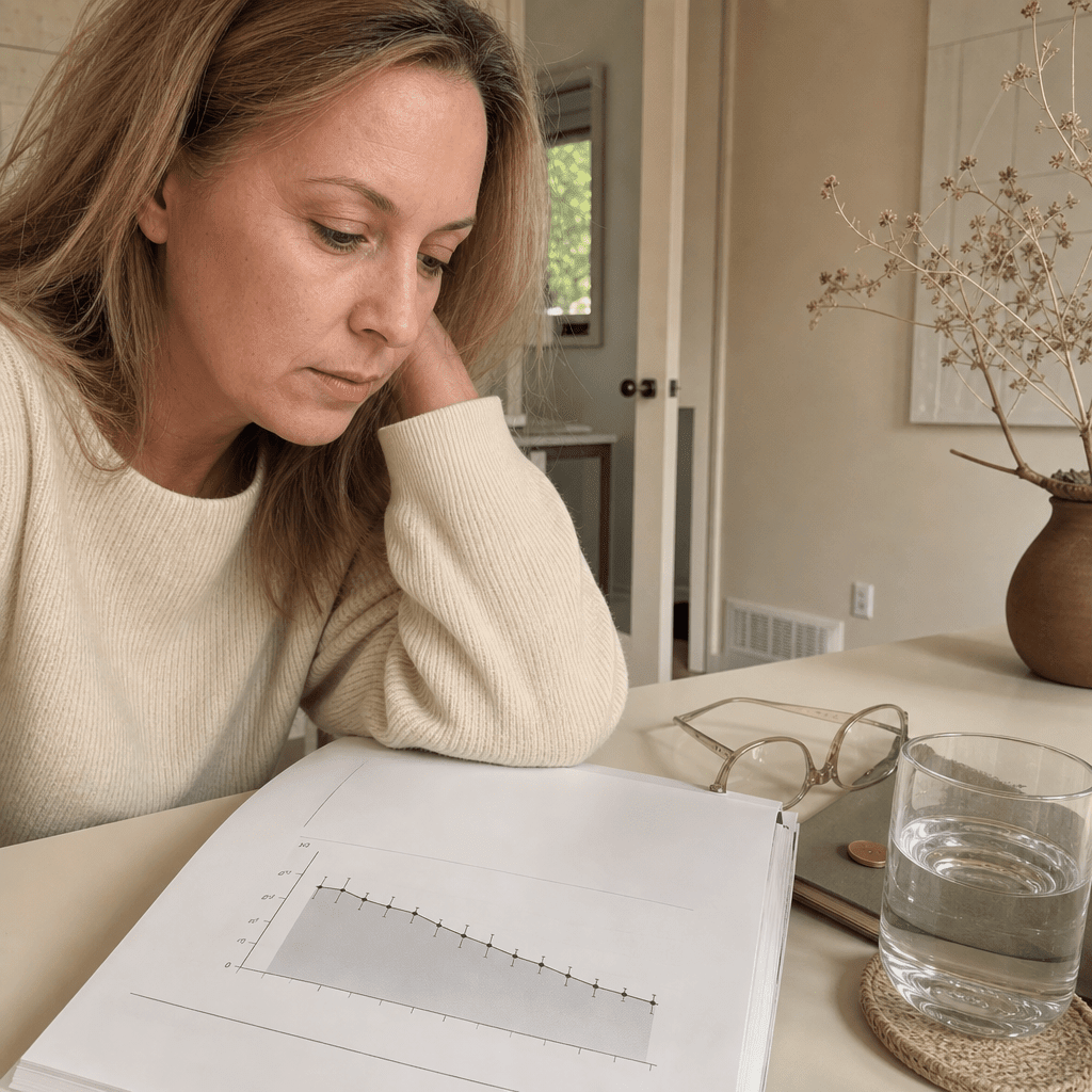 Clinical study still on a cream desk, a calm research page and a simple cortisol curve easing over eight weeks, the upstream solution proven, no product