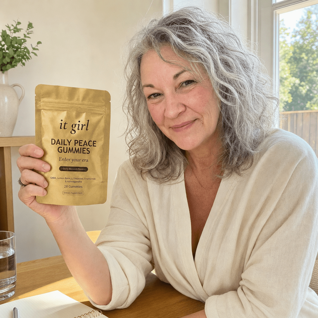 Composed mother in her early forties, done up with light natural makeup and neatly styled hair in a fresh put-together outfit, calm in a bright airy room holding the gold Daily Peace pouch front-facing, the studied upstream support finally in hand