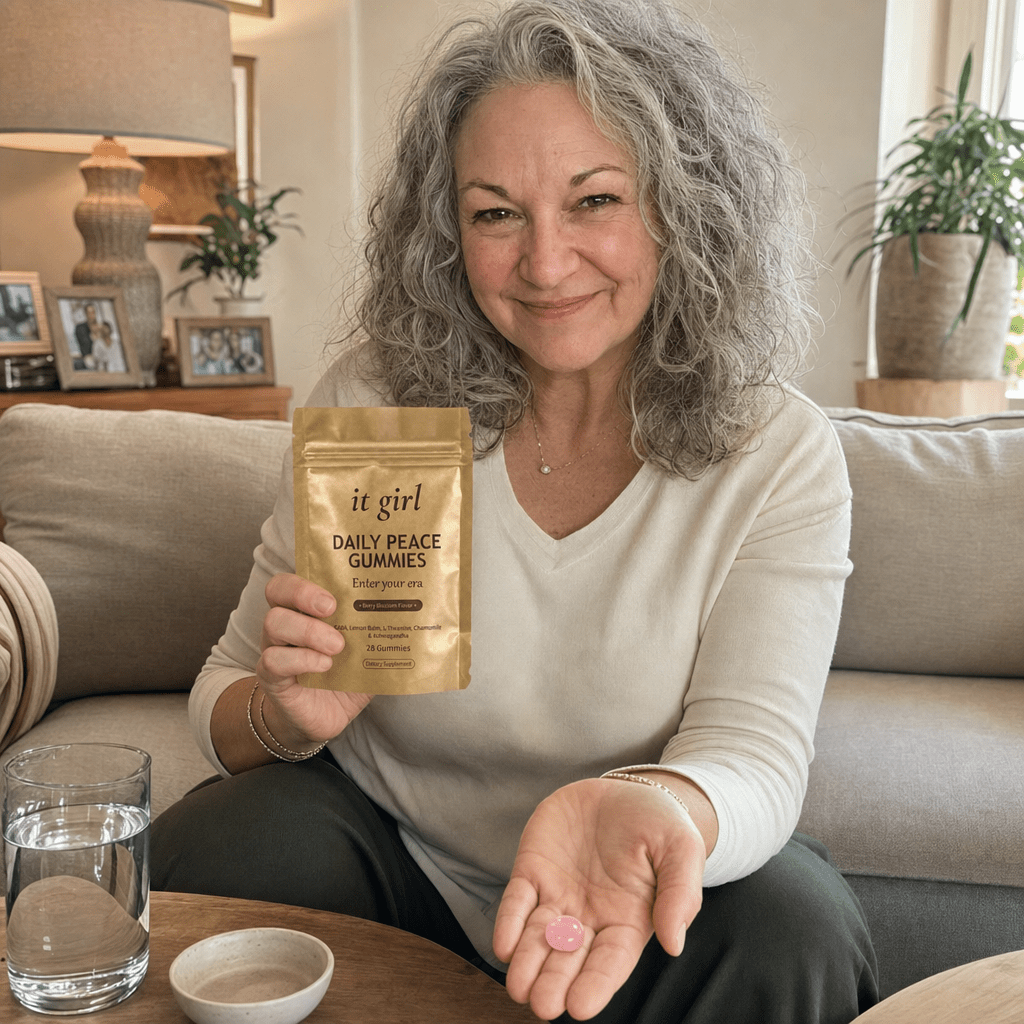 Composed mother in her early forties, done up with light natural makeup and hair styled, calm in a bright pleasant evening setting with a glass of water and the Daily Peace gummy, no fog, no sedation, melatonin-free