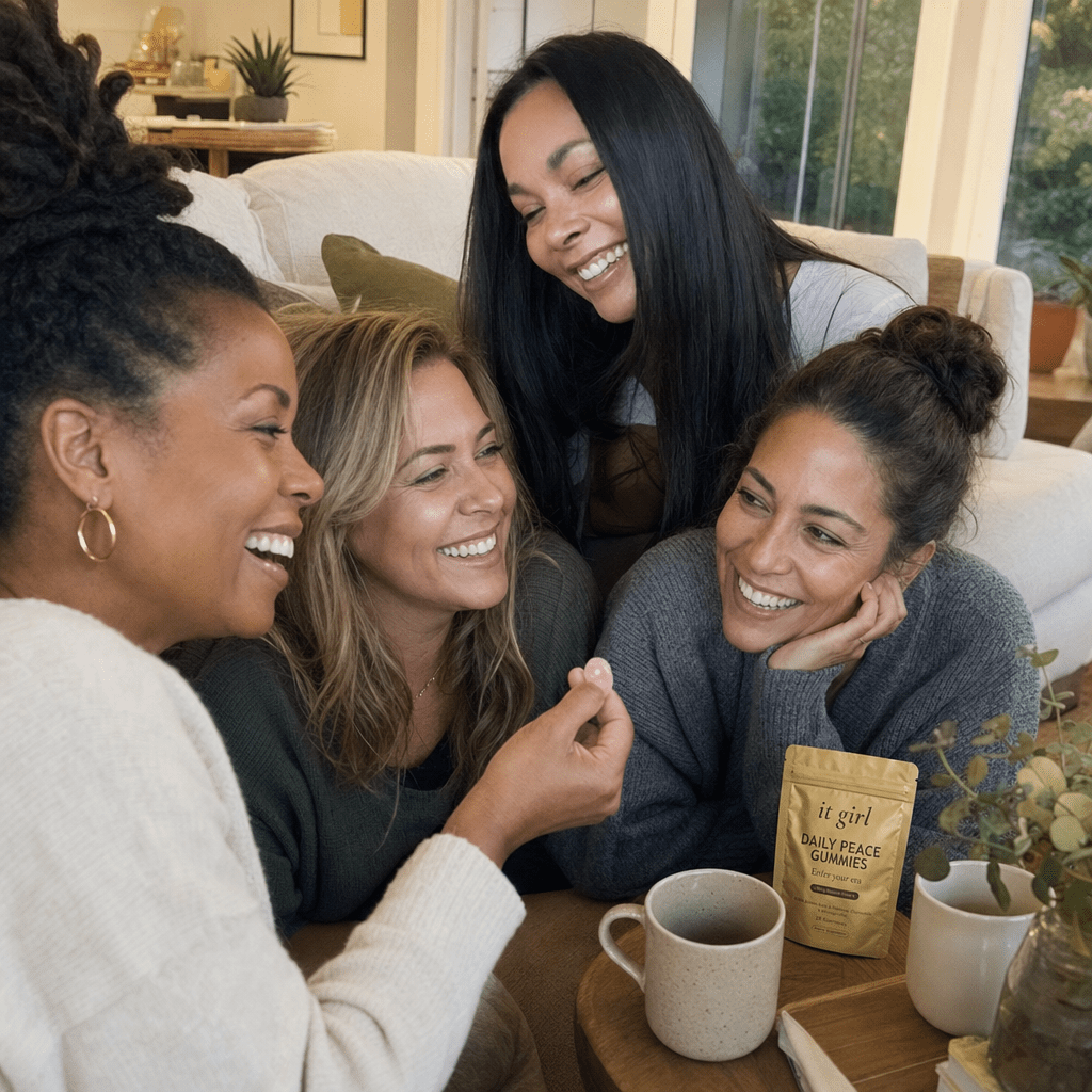 Candid group of working women in their thirties and forties relaxed together, each with a Daily Peace pouch nearby, the ones who looked upstream