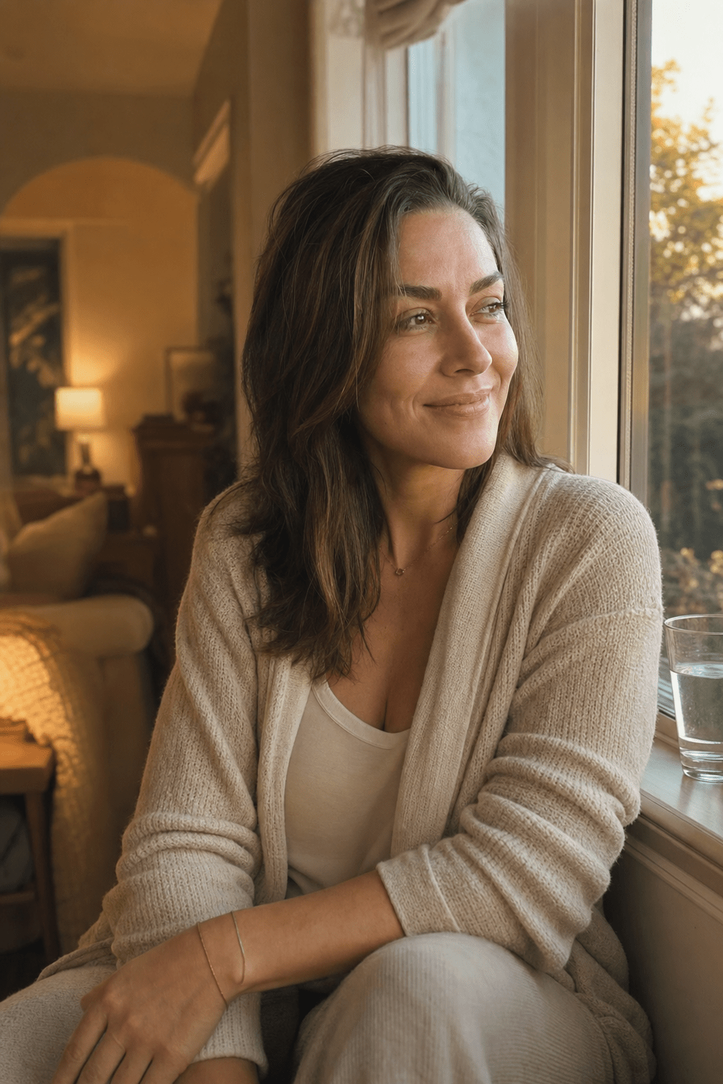 The same woman composed and rested at her window in soft early-evening light, shoulders easy, a glass of water nearby, the resolved evening she was reaching for