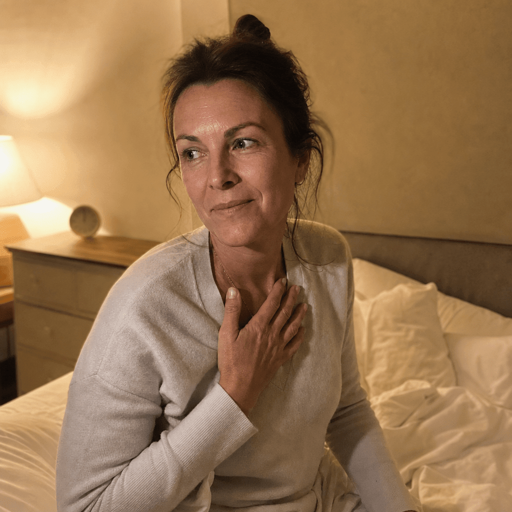 A woman late thirties sitting up on the edge of the bed in warm lamplight near 3am, hand easy on her chest, calm and awake, the moment she understands why she woke