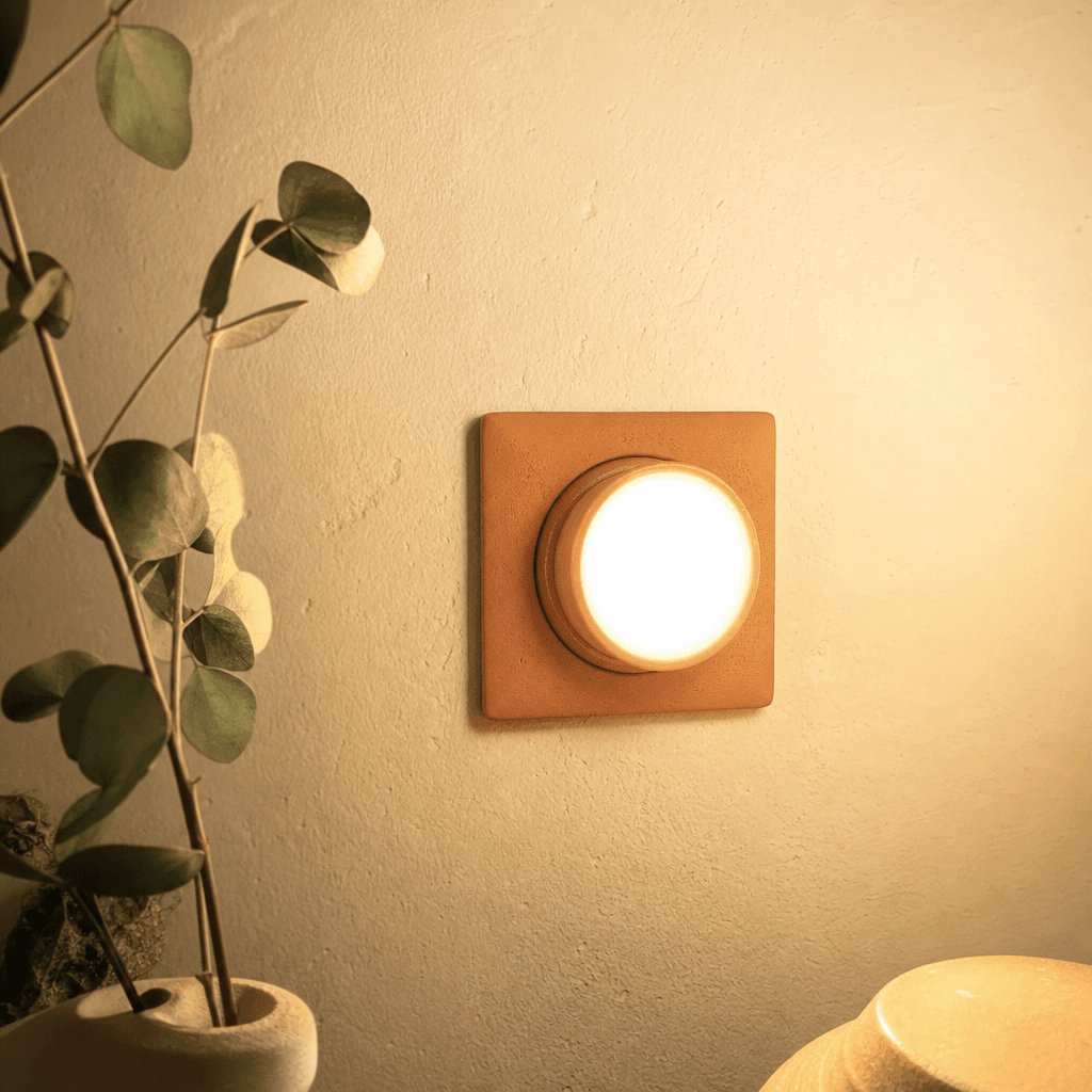 Warm-clay still life of a dimmer dial forced fully open then snapping back, the GABA off-switch flipped on by wine then overshooting at night