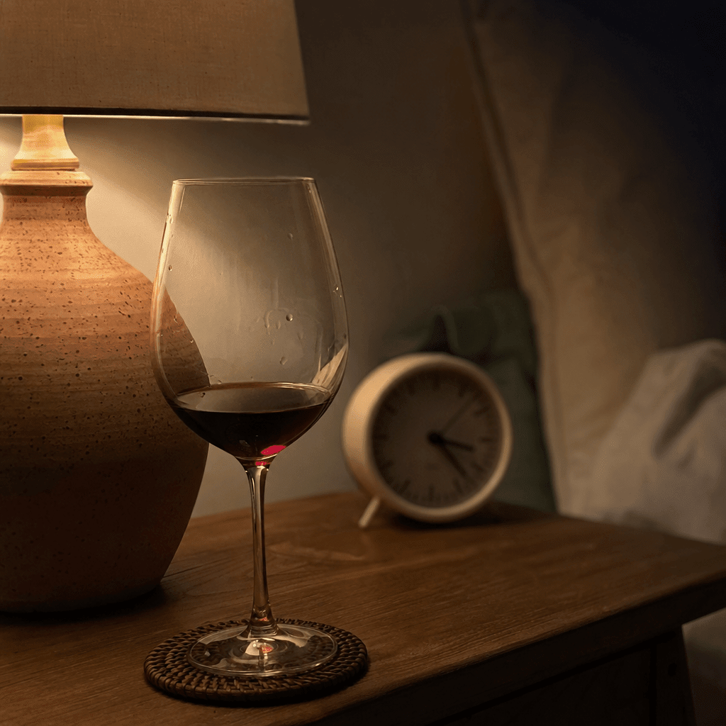 A nightstand wine glass at dusk with a soft clock reading toward 3, the calm at 7pm borrowed against the 3am surge