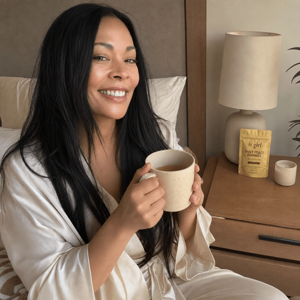 A woman calm and clear-eyed in the morning light, rested not groggy, the no-rebound, no-dependency reassurance