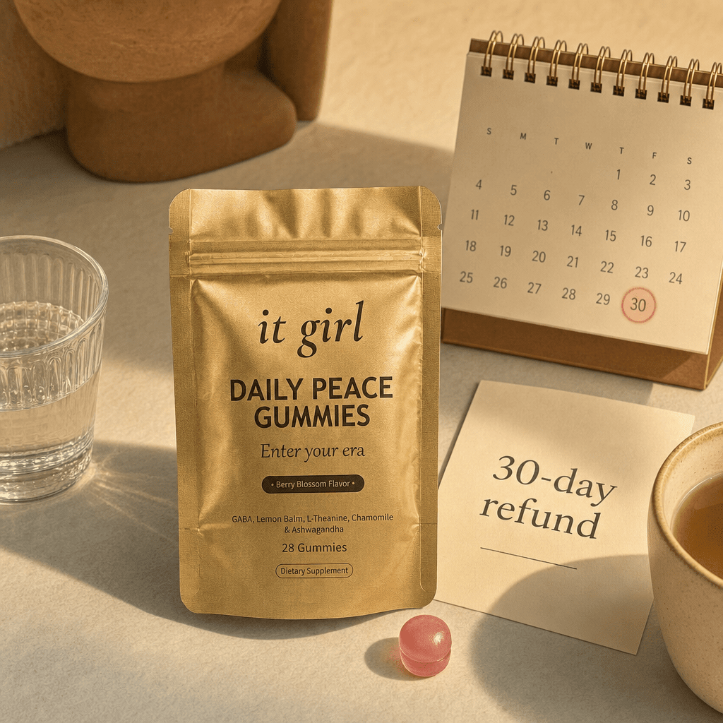 Daily Peace pouch beside a month calendar and a 30-day refund card on cream, a full month of evenings to feel it risk-free