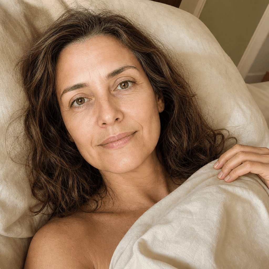 Woman waking naturally and rested in soft morning light before the alarm, the off-switch working again