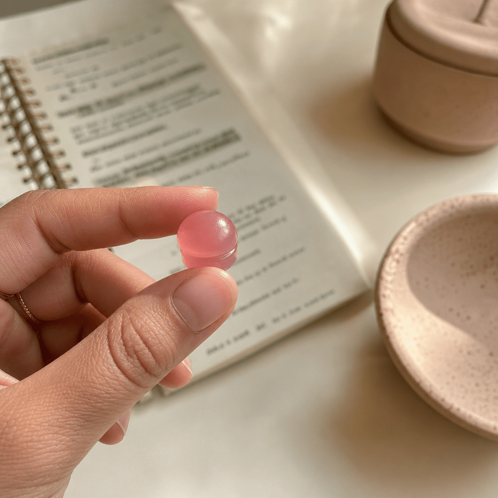 Single Daily Peace gummy in daylight beside a research note, the studied KSM-66 600mg dose