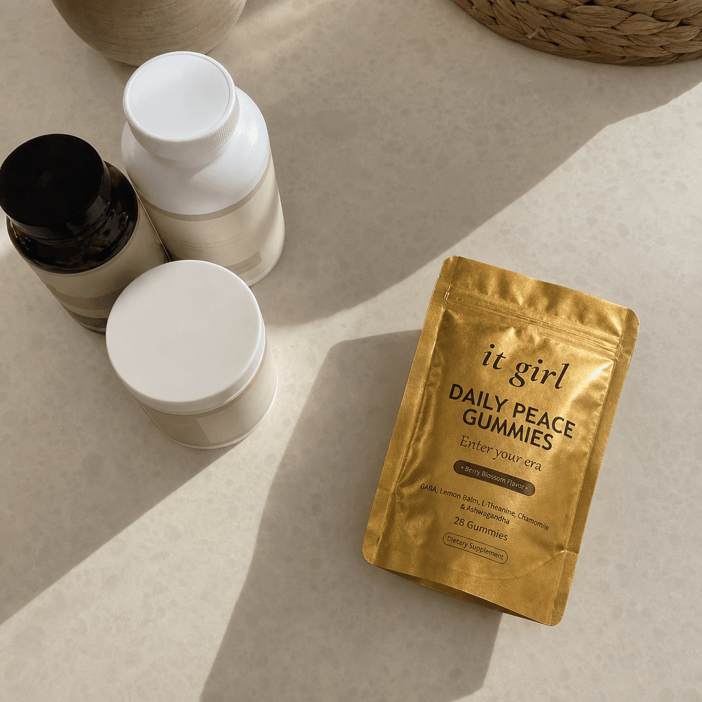 Three vague generic calm bottles pushed aside, one clean Daily Peace pouch chosen, named doses versus hidden blends