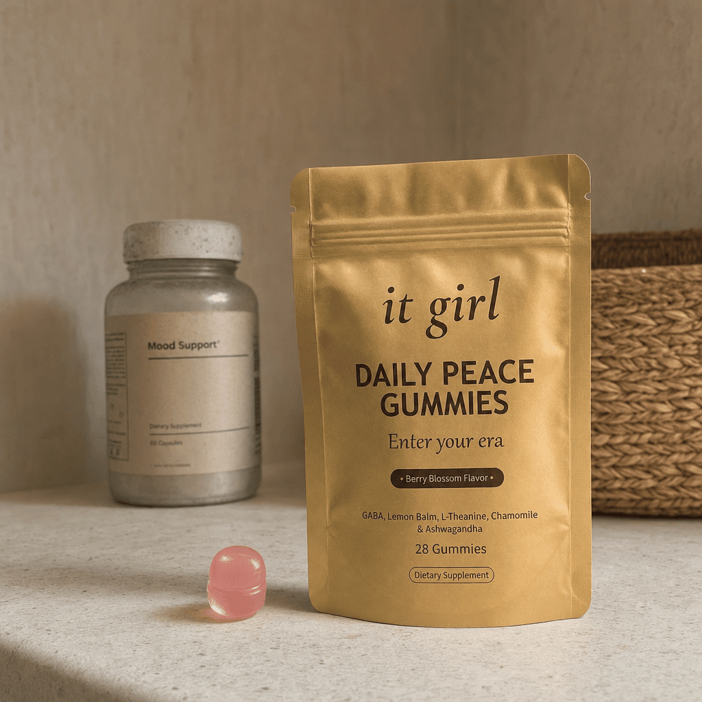 Forgotten half-used supplement bottle at the back of a pantry, Daily Peace forward in focus, the one that keeps working