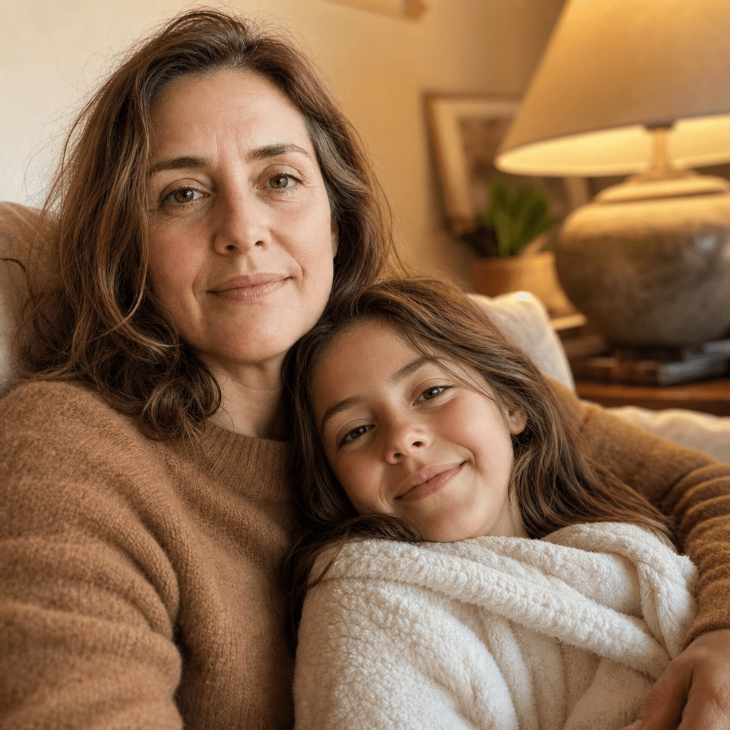 Woman on the couch in lamp light, child in her lap, phone nowhere in frame, present again