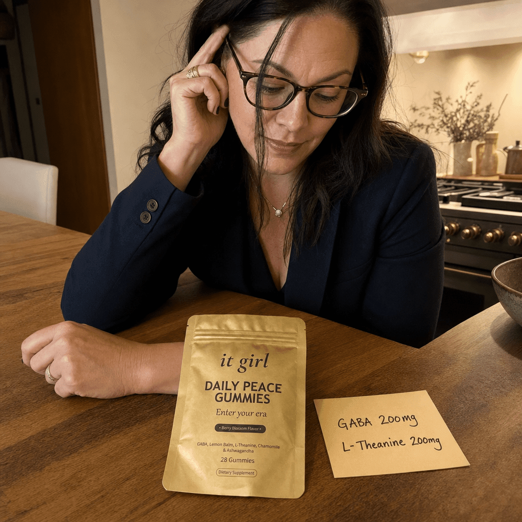 Lauren Hartley in a dark blazer at her kitchen counter looking down at the small matte-gold It Girl Daily Peace pouch lying flat on the counter, the brand she chose to take herself after the test
