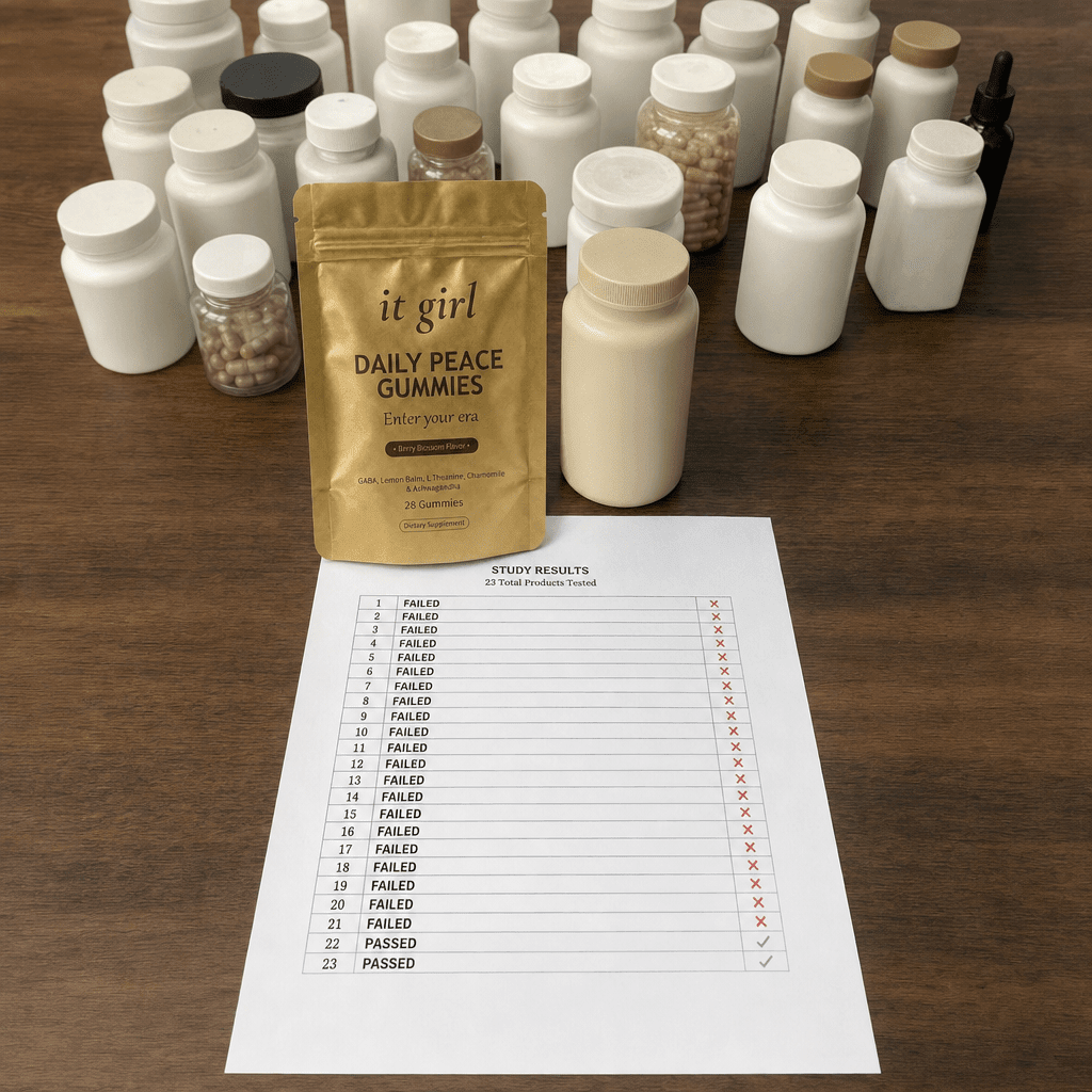 Overhead iPhone photo of a table where two passing supplement products sit forward and twenty-one failed bottles are arranged behind, with a study document listing twenty-one supplements marked with red Xs and only two marked with green checks