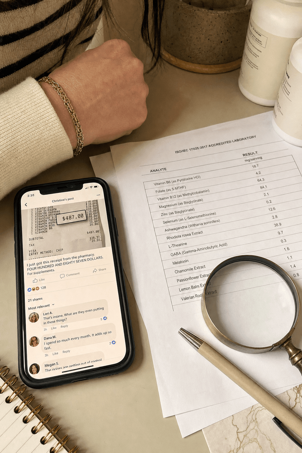 Investigative editorial still of a Facebook receipt thread on a phone beside a printed lab report, the 487 dollar receipt that started the underdosing investigation, no product in frame