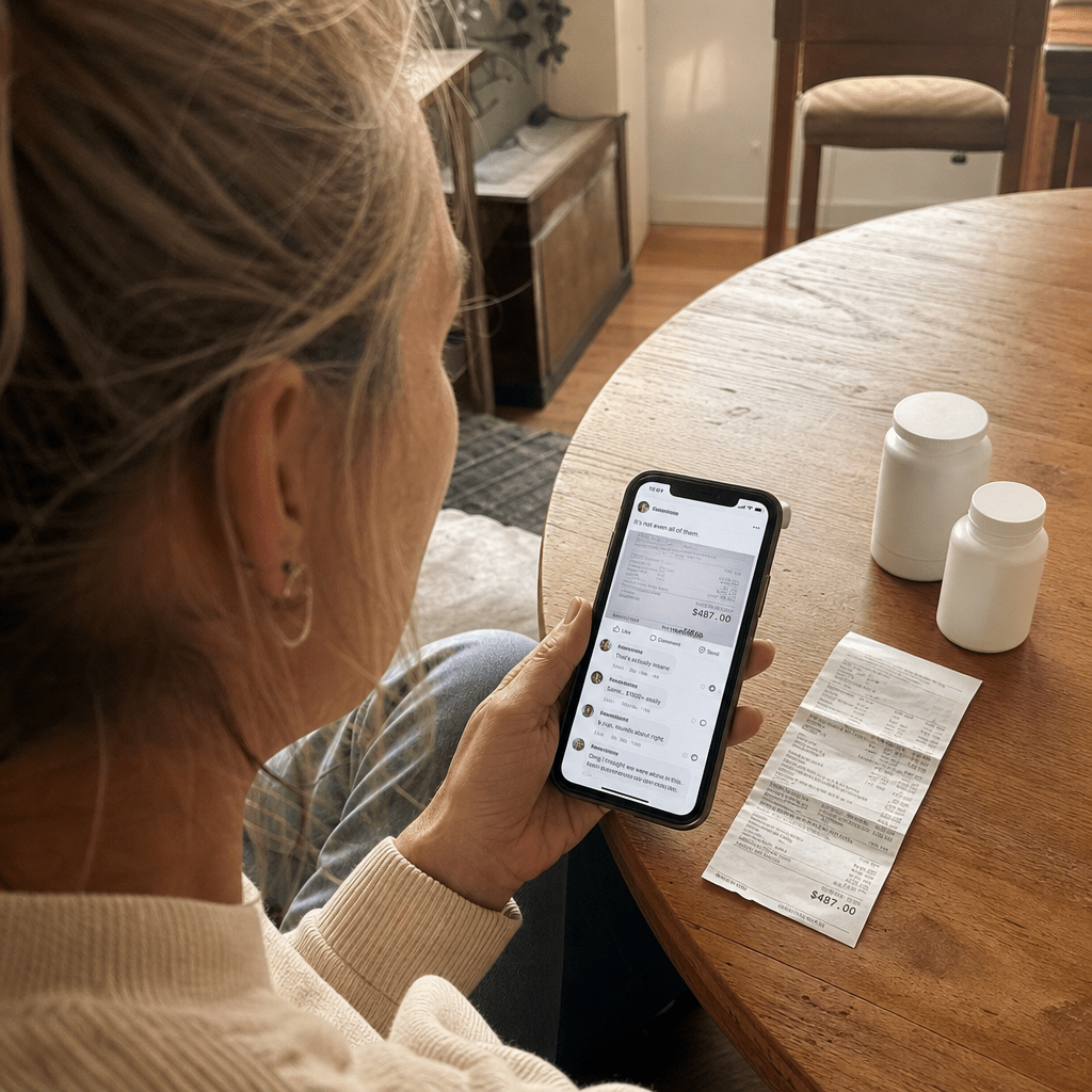 Phone showing a Facebook thread of posted supplement receipts totaling 487 dollars with replies stacking, a woman's hand holding it at a kitchen table, the investigation that started it