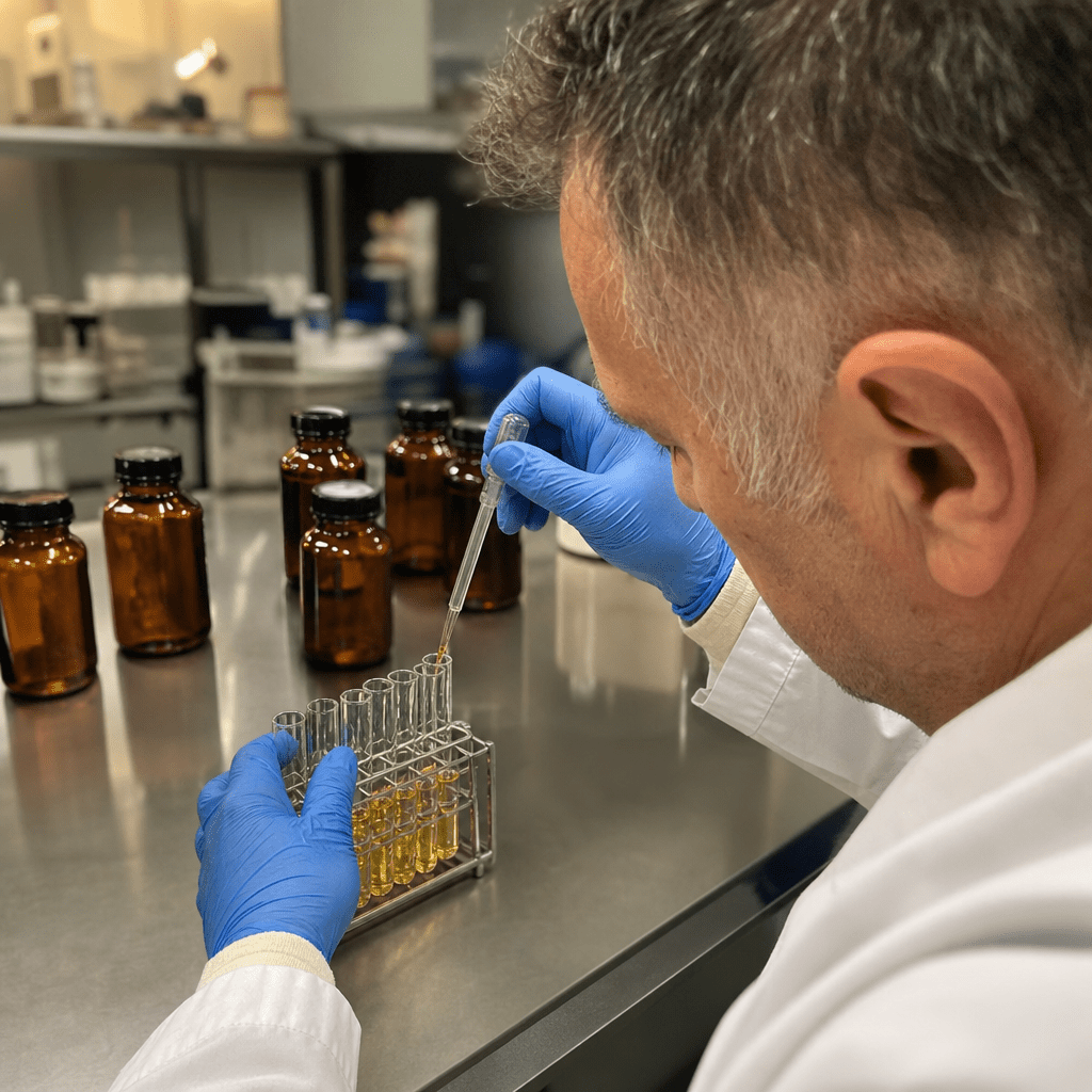 A gloved technician testing rows of unlabeled supplement bottles inside an accredited lab, how the 23 brands were actually tested