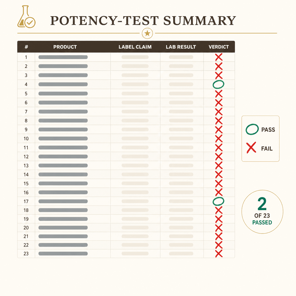 A photographed lab-results sheet listing 23 stress-supplement brands, 21 marked with a red X and only 2 circled in green as the ones that passed