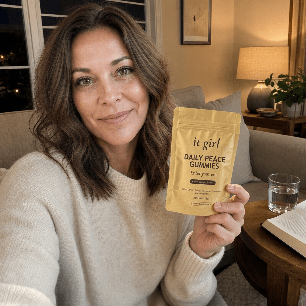 Lauren Hartley holding the gold Daily Peace pouch in soft evening light, telling the reader what it did for her