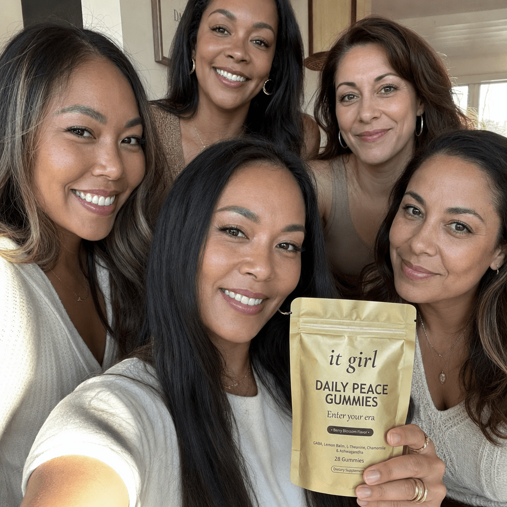A warm group selfie of five women holding up the gold Daily Peace pouch, the 9,000 plus women who switched and felt it