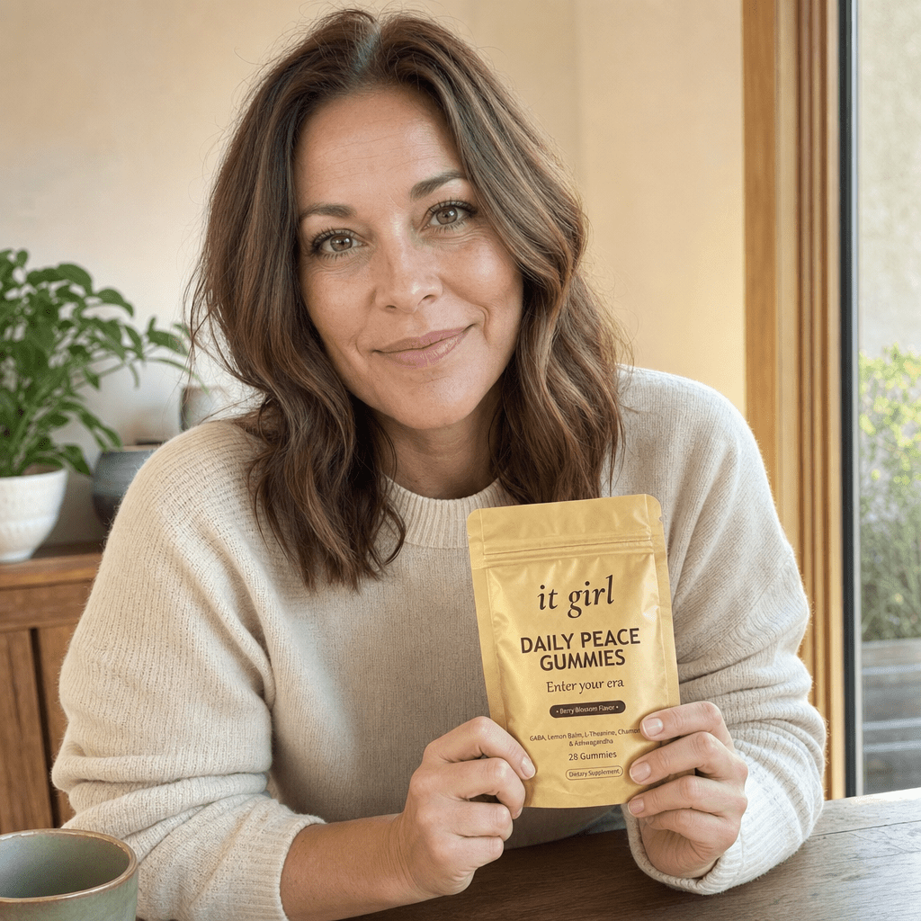 Lauren Hartley, the Women's Mental Wellness editor, holding the gold Daily Peace pouch and looking warmly at the reader, the editor who became a customer