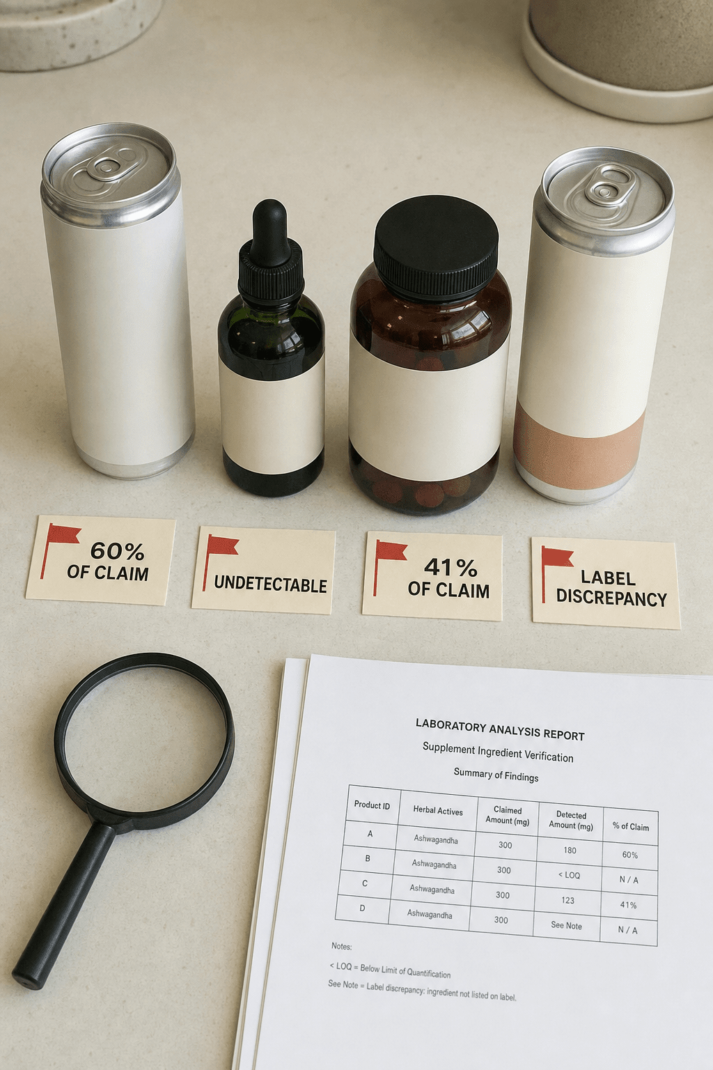 Relieved woman 40 to 55 at her kitchen counter in evening light, calmly holding the gold It Girl Daily Peace pouch, the one with the real tested dose that passed the lab test