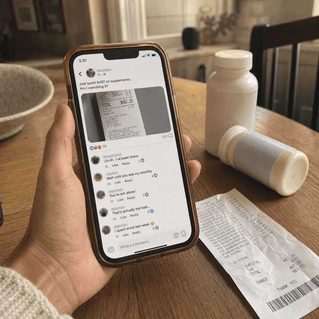 Phone screenshot of a Facebook receipt thread, a woman's hand holding the phone showing posted supplement receipts totaling 487 dollars, the investigation that started it
